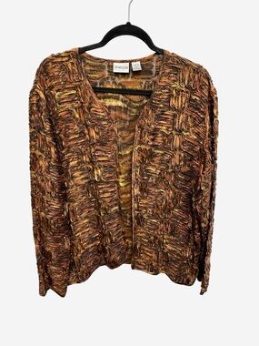 Chico’s 100% silk ribbon appliqué woven open front blazer jacket Size XL